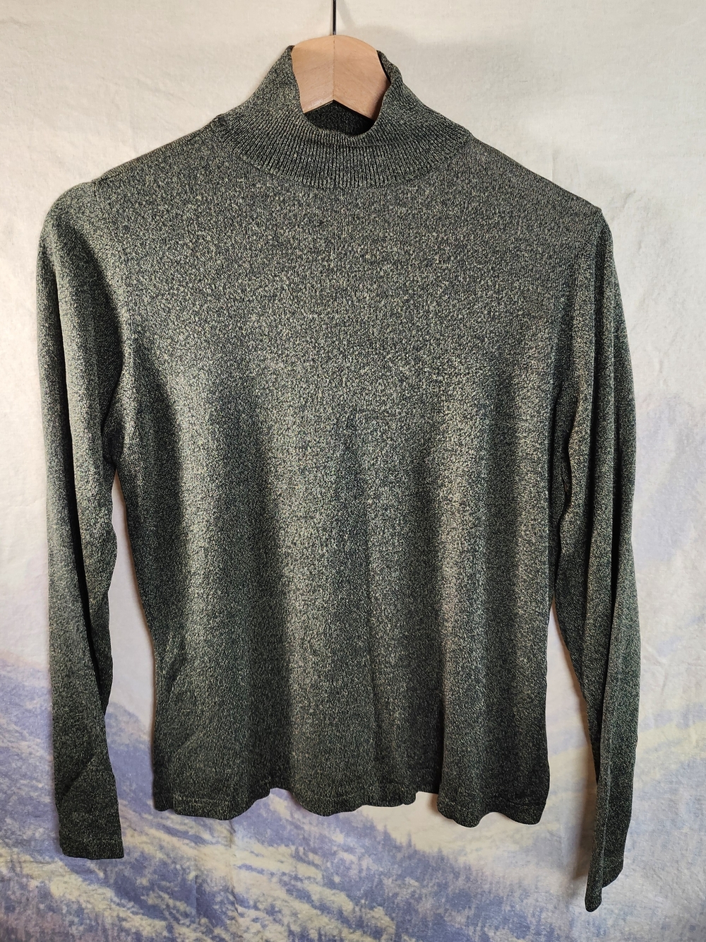 Vintage 100% Silk Green Marl Mock Neck Sweater Turtleneck Valerie Stevens Medium